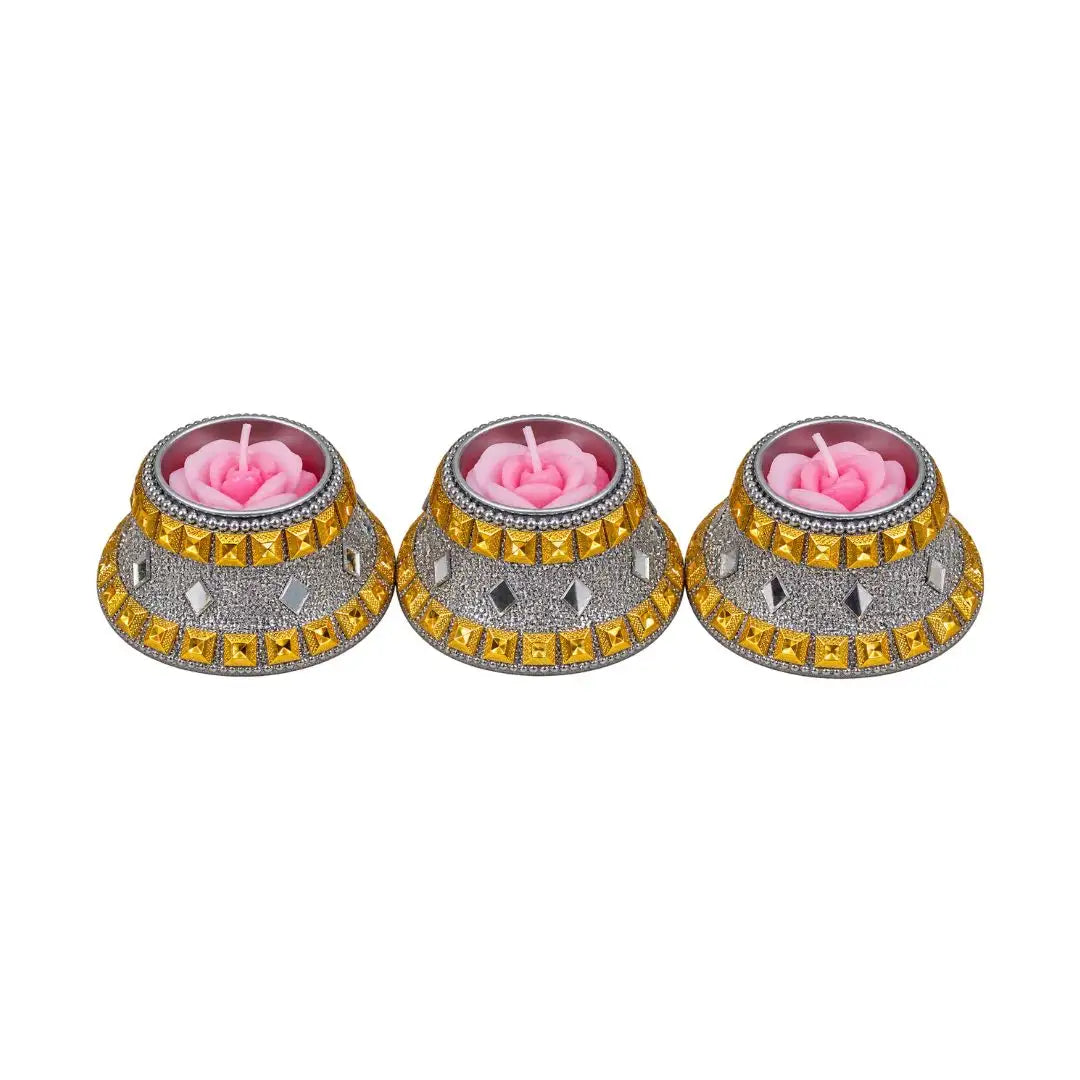 Handcrafted Rose Fragrance Gold & Silver Embellished Floating Candles Set of 3