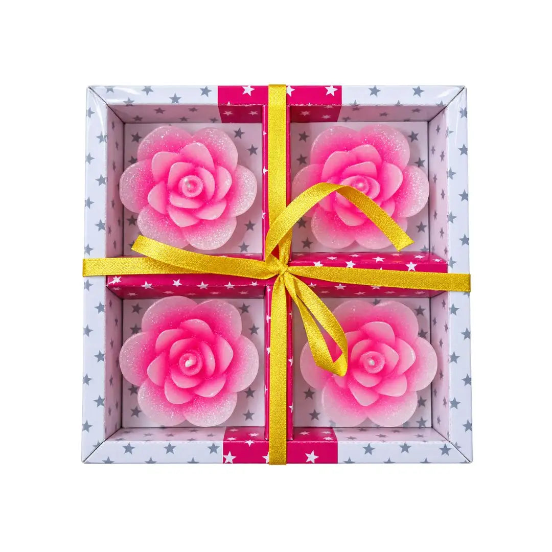 Scented Rose-Shaped Floating Candles – Pink Glitter Blossom Set of 4