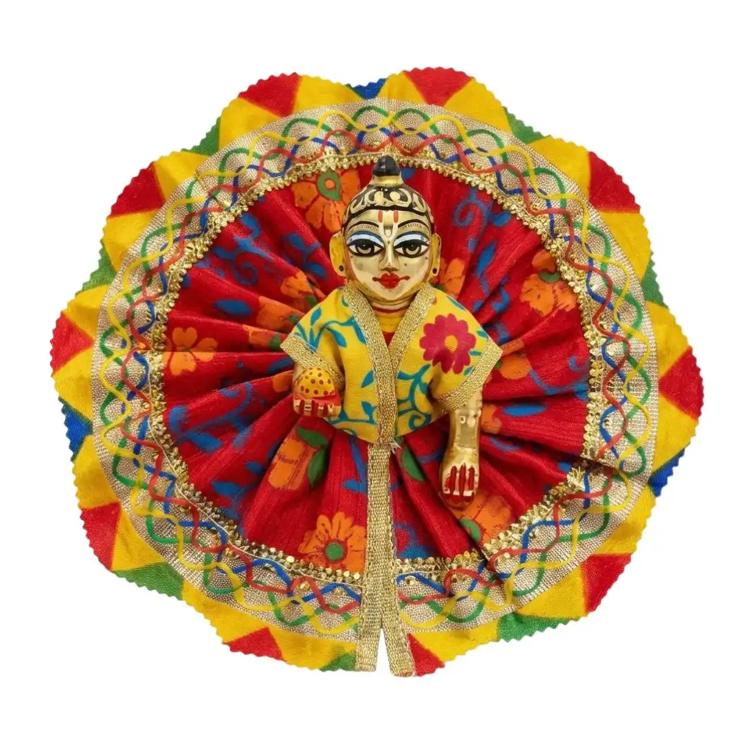 Premium Handmade Red Floral Print Laddu Gopal Dress with Multicolor Lace & Yellow Border