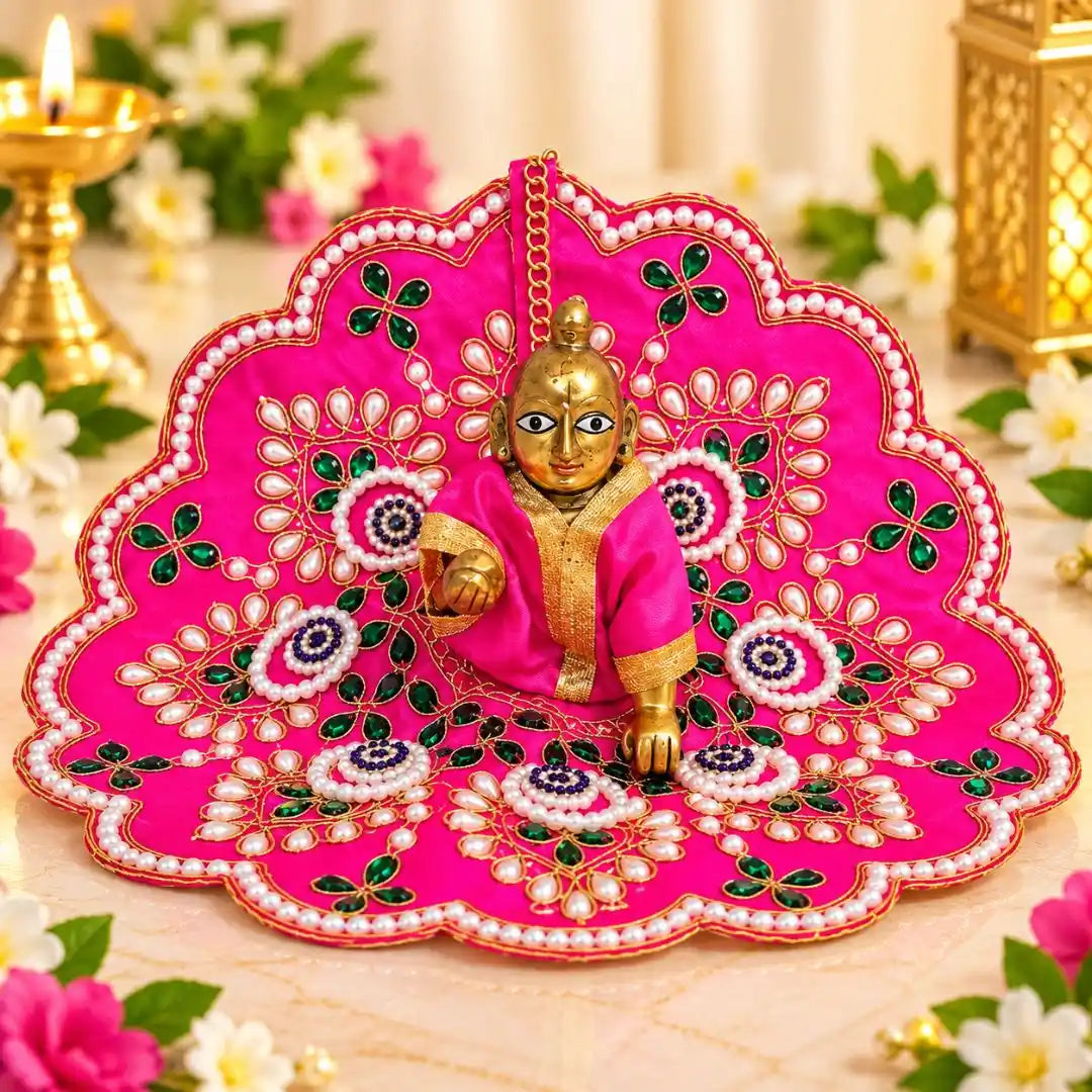Handmade Rani Pink Laddu Gopal Heavy Dress With Beads Work