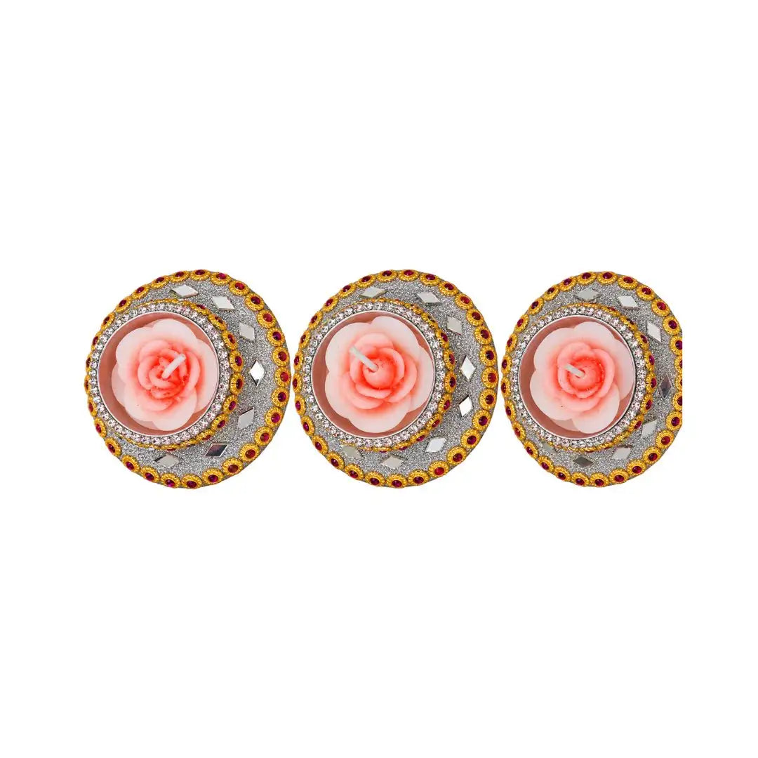 Handcrafted Rose Floating Candles in Decorative Mirror-Work Holder - Set of 3