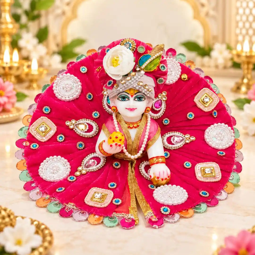 Heavy Red Beads and Sotne Decorated Laddu Gopal Dress with Matching Mukut