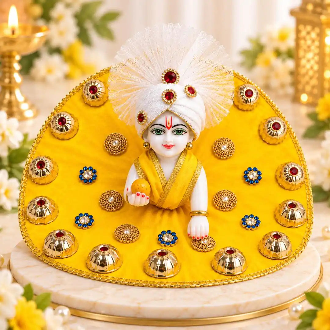 Fancy Yellow Golden Laddu Gopal Heavy Dress with White Pagdi