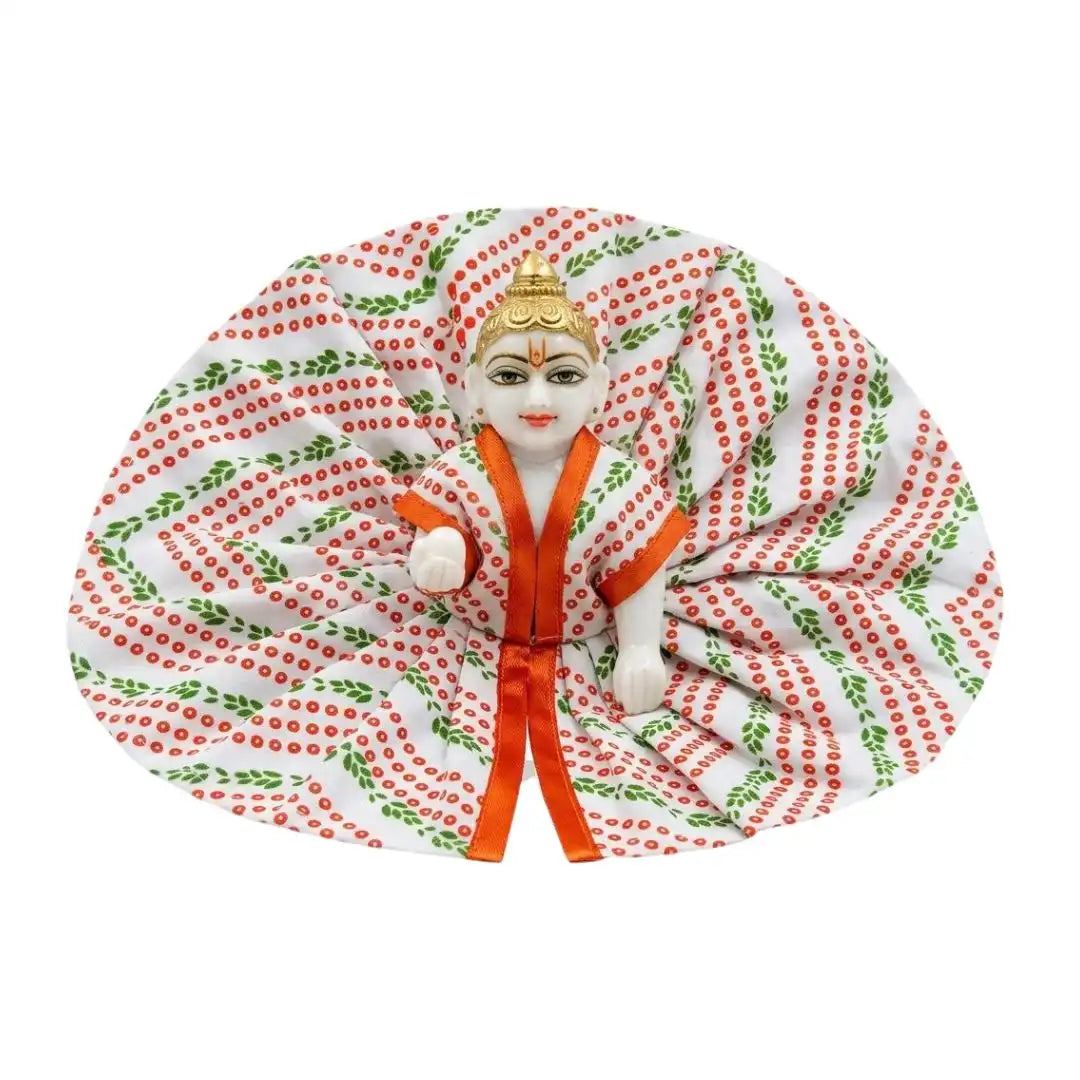 Handcrafted Printed White Cotton Laddu Gopal Dress with Orange Border