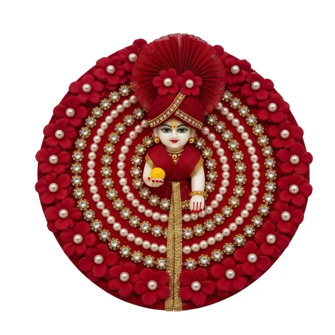 Fancy Red Floral & Beads Embellished Dress with Matching Mukut for Laddu Gopal