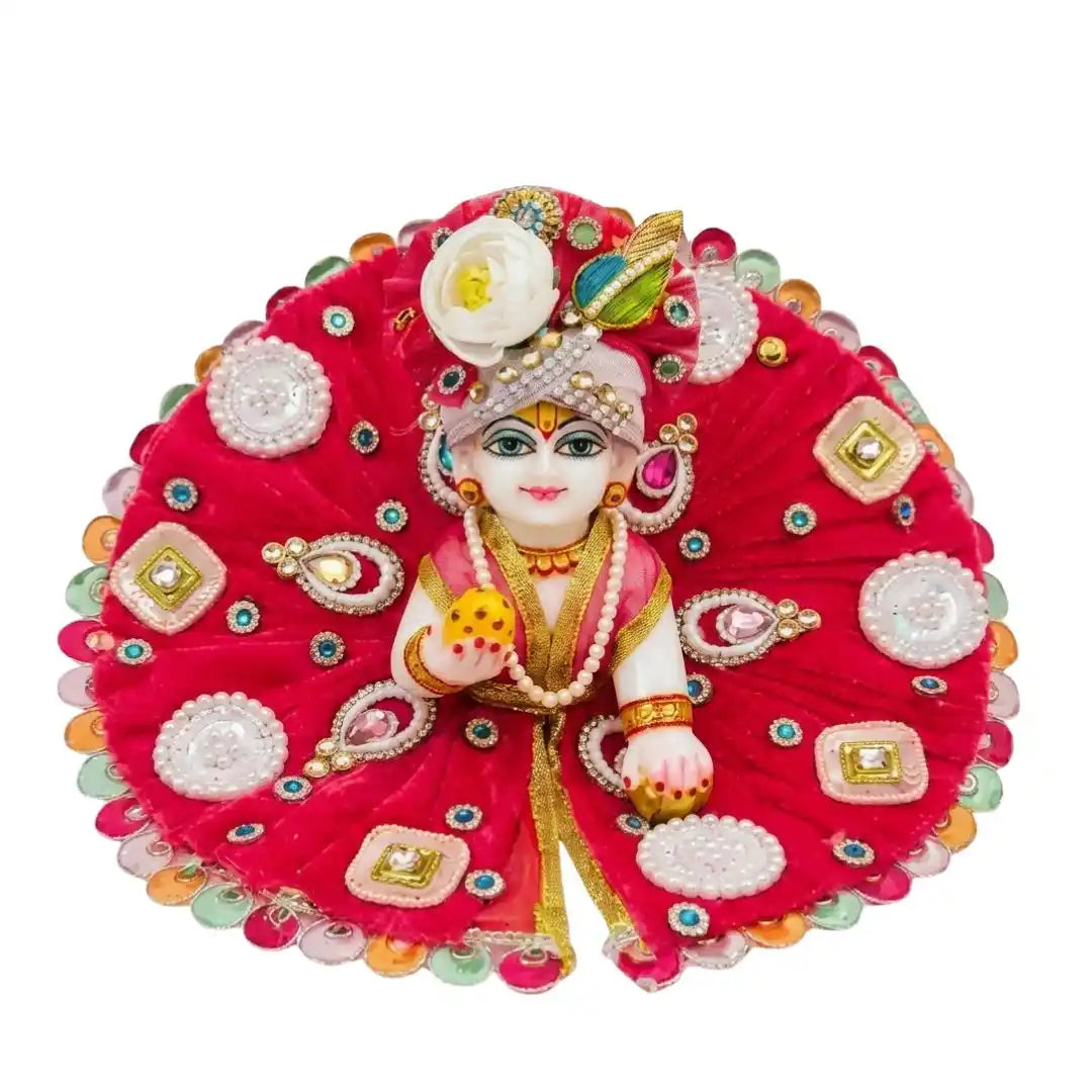 Heavy Red Beads and Sotne Decorated Laddu Gopal Dress with Matching Mukut