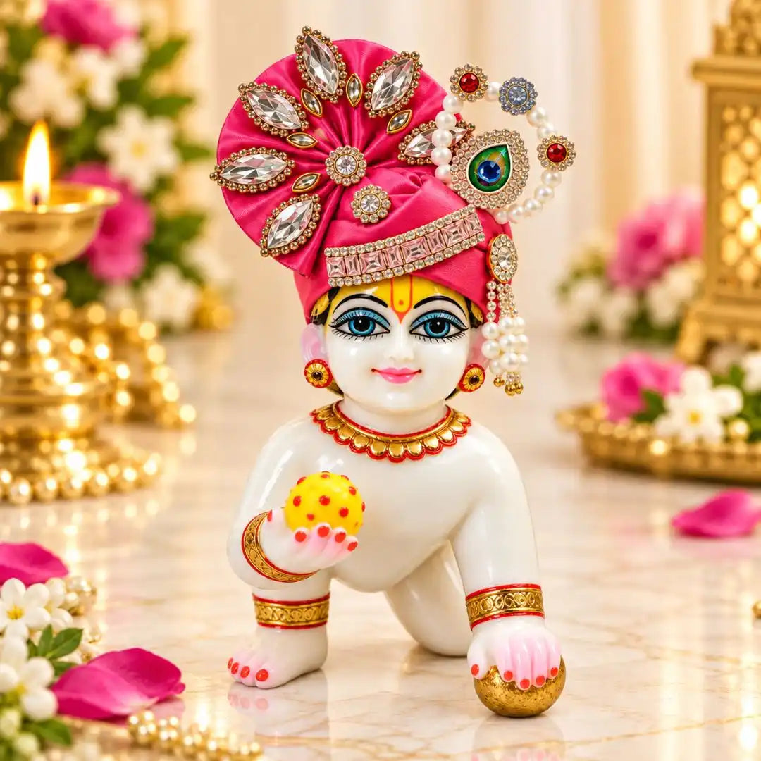 Premium Feather Design with Stone and Beads Decorated Red Laddu Gopal Mukut