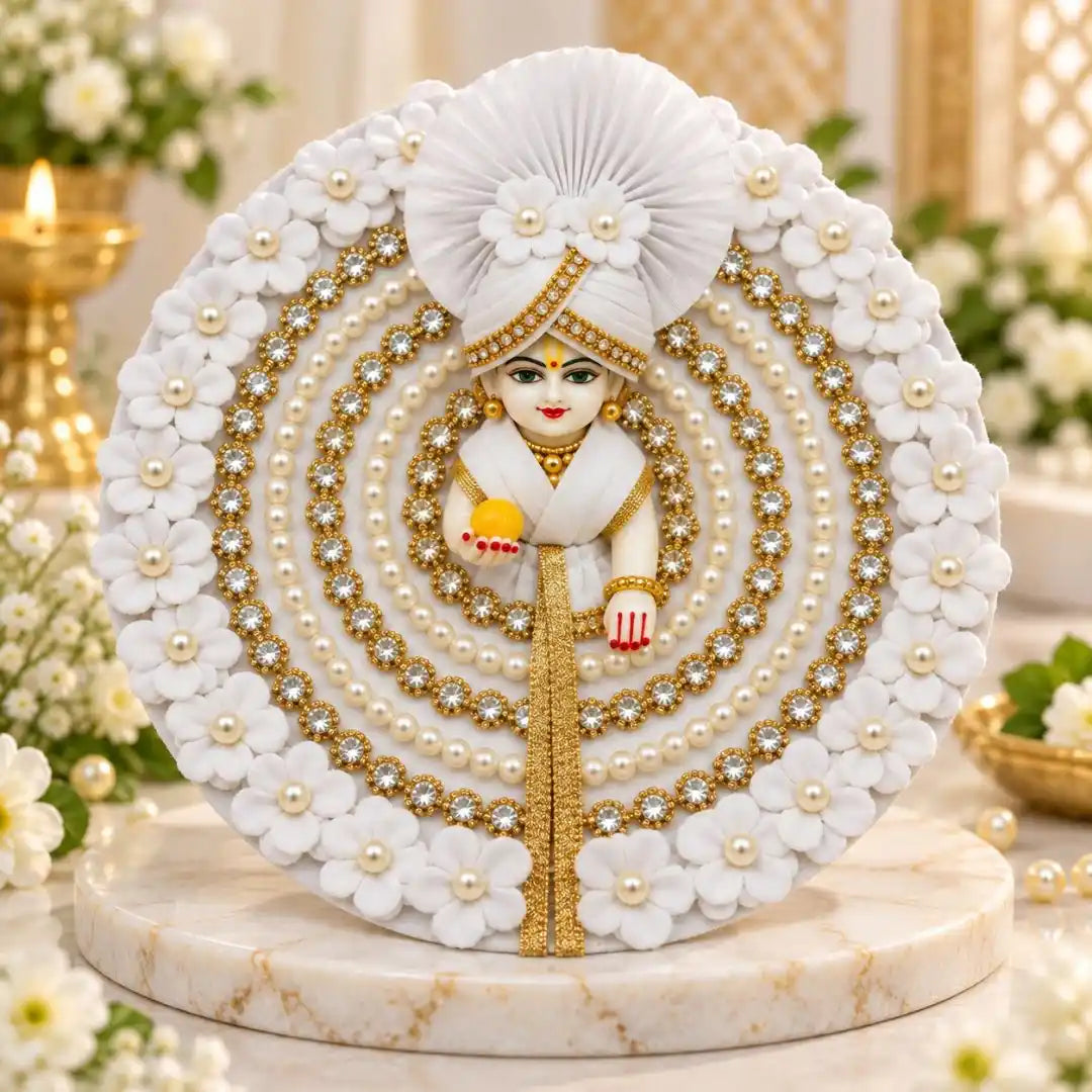 Fancy White Floral & Beads Embellished Dress with Matching Mukut for Laddu Gopal