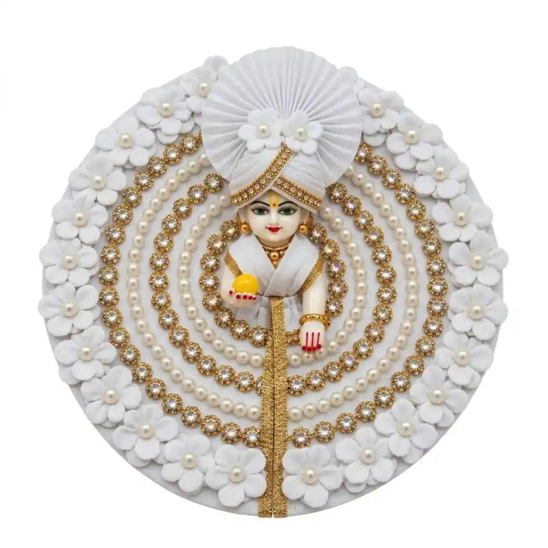 Fancy White Floral & Beads Embellished Dress with Matching Mukut for Laddu Gopal