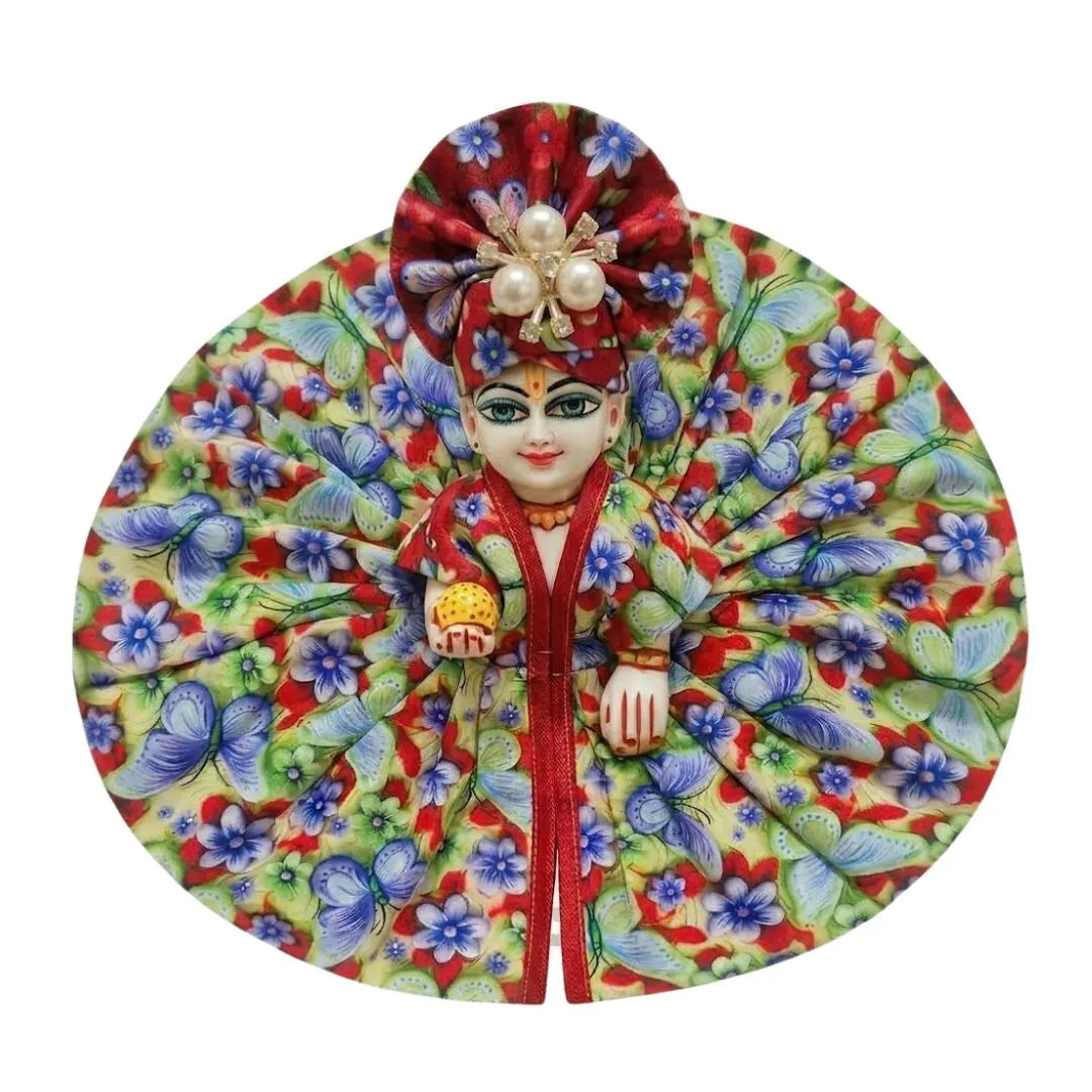 Multi-Color Floral & Butterfly Print Cotton Laddu Gopal Dress with Pearl-Embellished Mukut