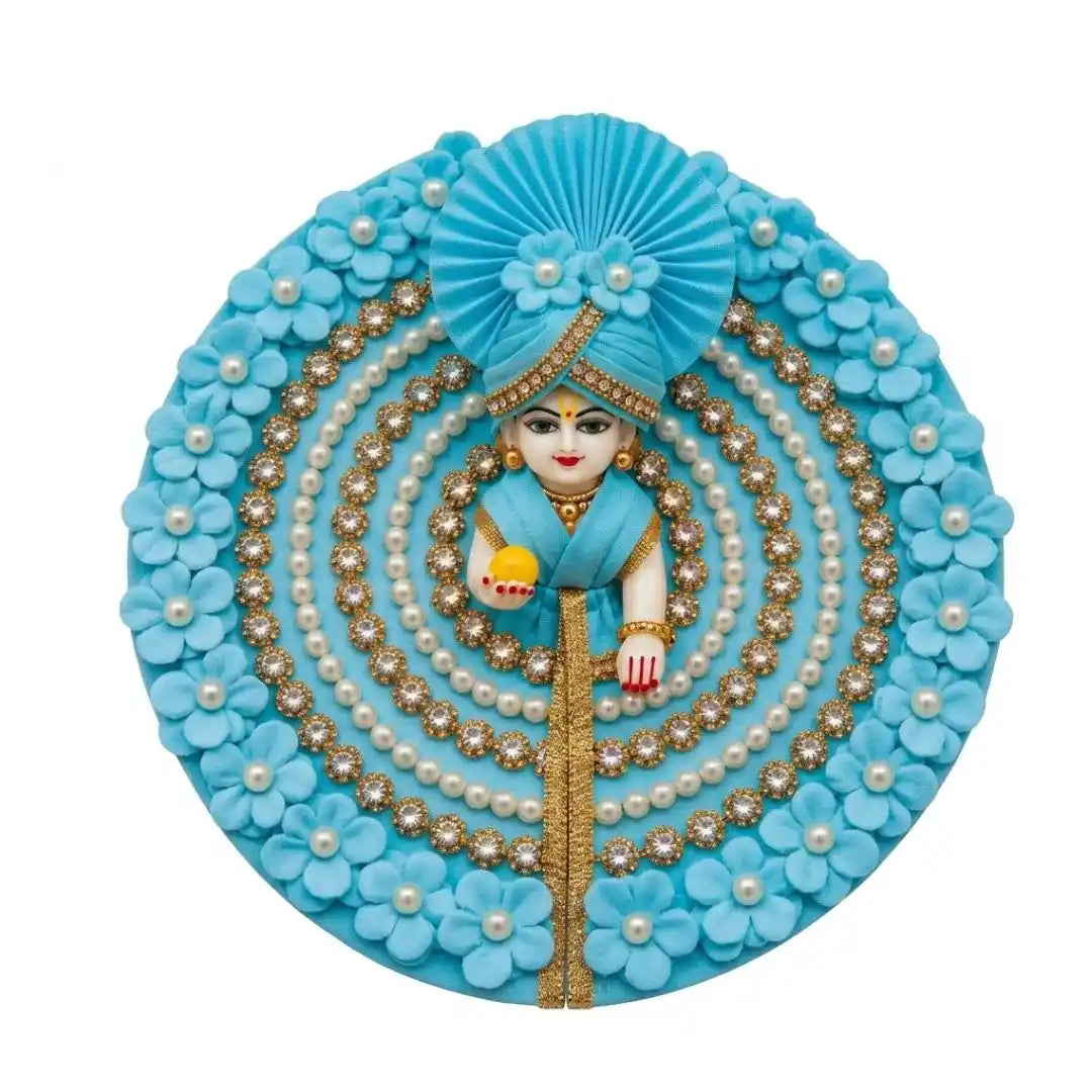 Sky Blue Floral & Beads Embellished Dress with Matching Mukut for Laddu Gopal