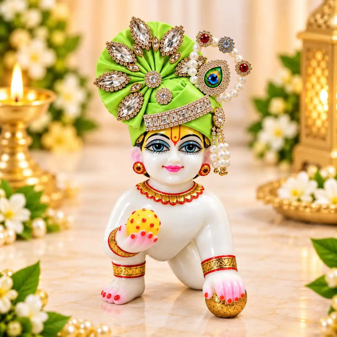Premium Feather Design with Stone and Beads Decorated Green Laddu Gopal Mukut