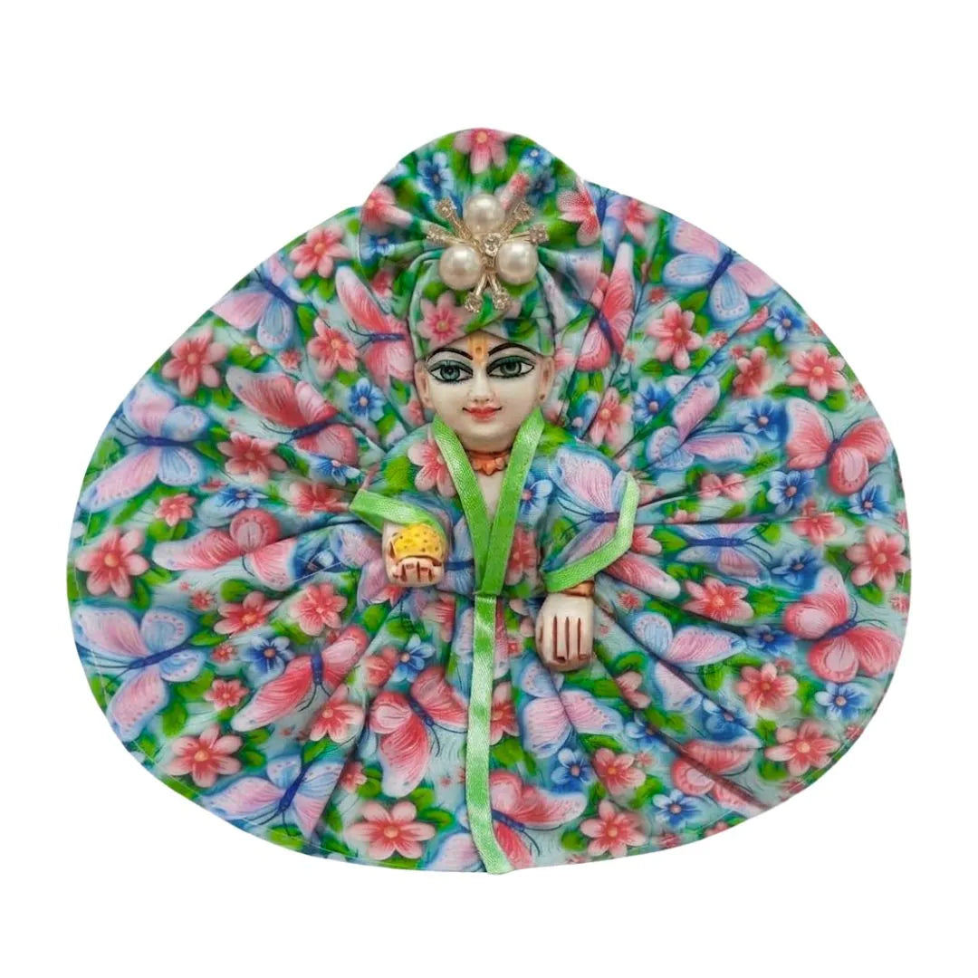 Multicolor Butterfly & Floral Print Cotton Dress with Matching Bead Mukut for Laddu Gopal