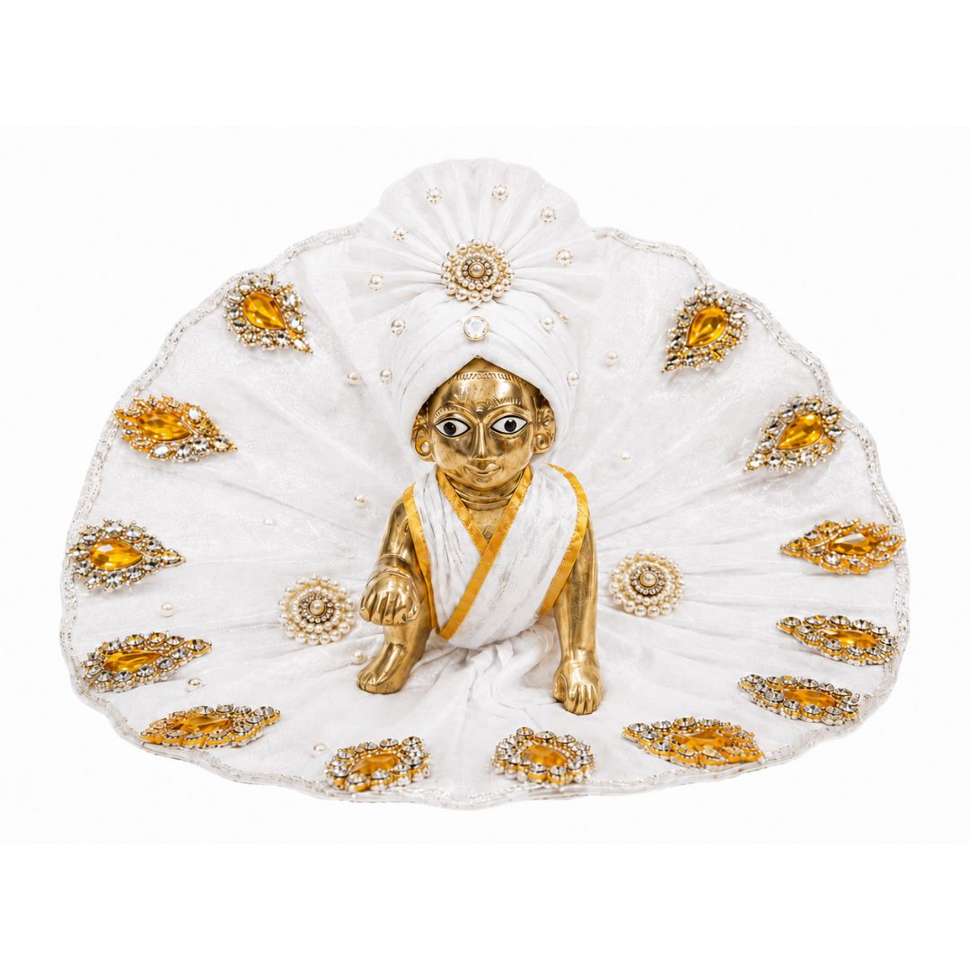 Premium White Golden Heavy Laddu Gopal Dress with Pagdi (Size 1,2,3,4,5,6)