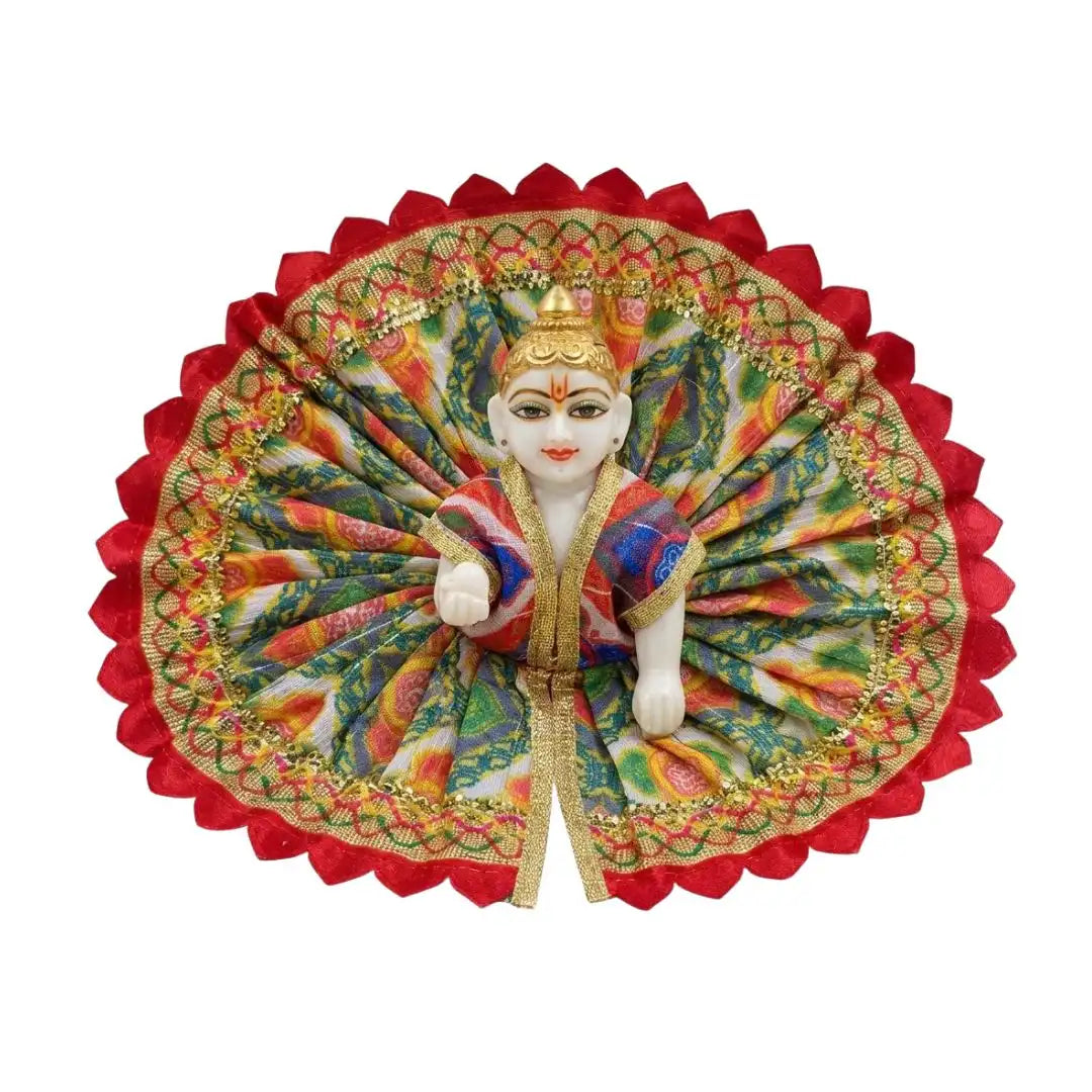 Vibrant Multicolored Silk Laddu Gopal Poshak with Golden Lace & Red Petal Border