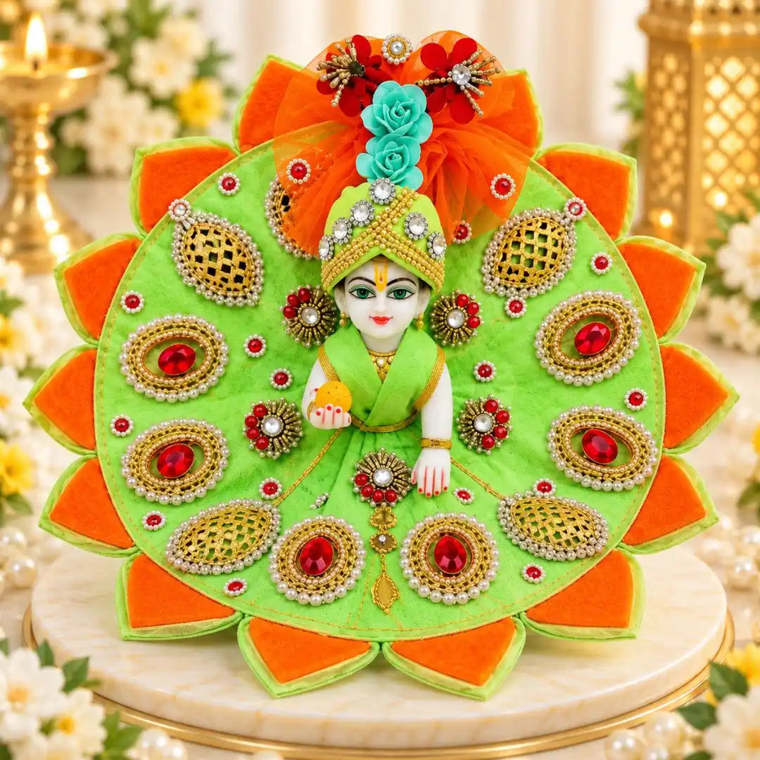 Premium Pista Green Orange Heavy Laddu Gopal Dress with Pagadi