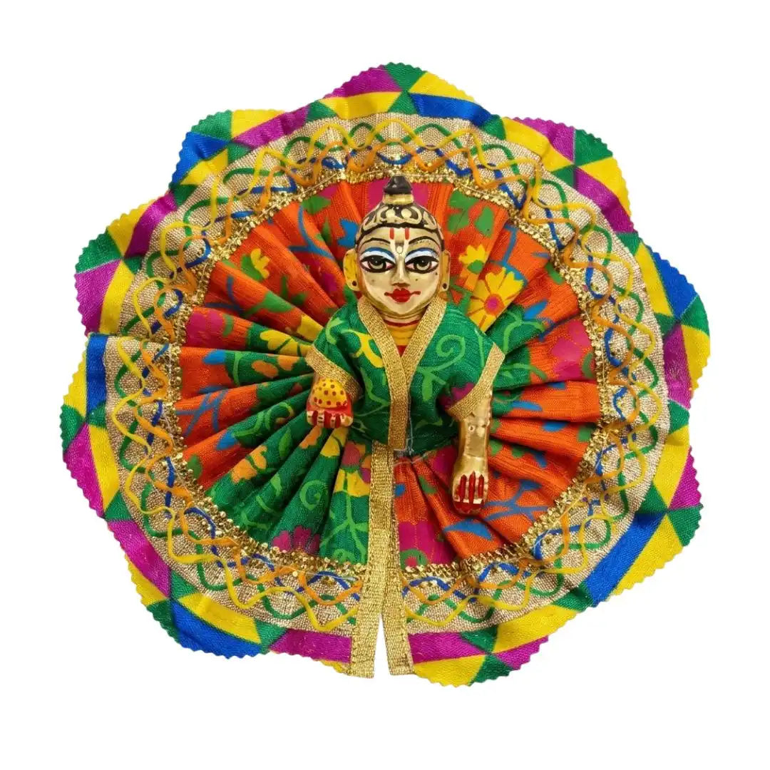 Multicolor Geometric Floral Fancy Dress for Laddu Gopal with Green & Golden Lace