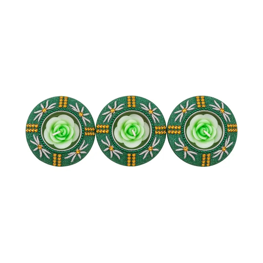 Handcrafted Green Scented Floating Candles with Embellished Holders - Set of 3