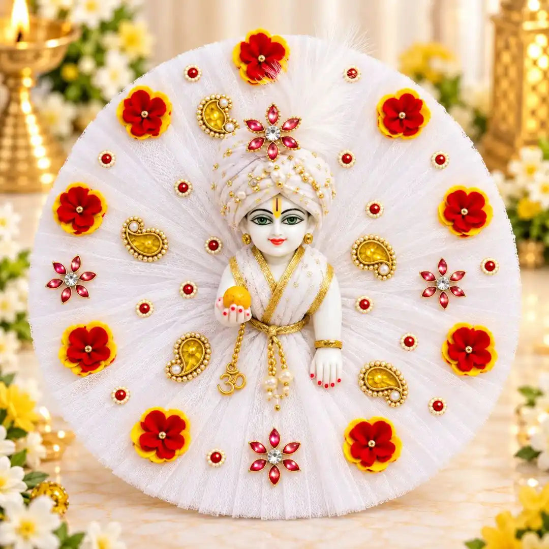 Handmade Krishna Ji Premium White Vastra with Floral Work