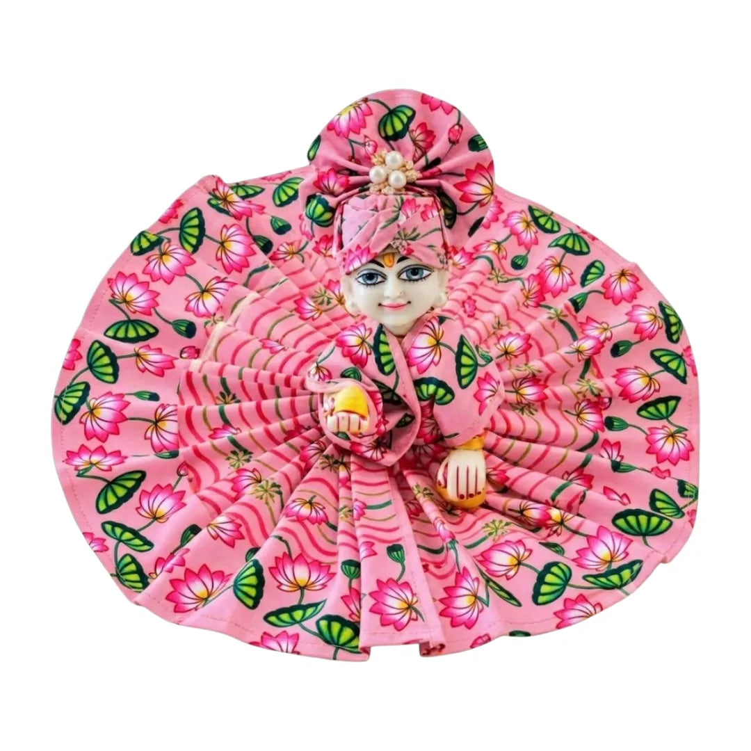 Handcrafted Pink Lotus Print Cotton Laddu Gopal Dress with Matching Pagdi