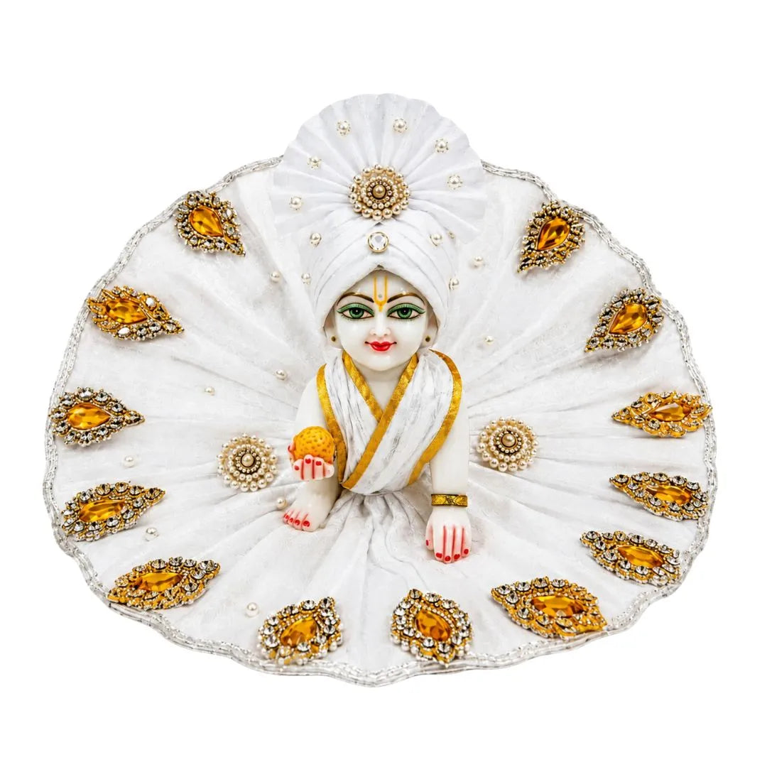Premium White Golden Heavy Laddu Gopal Dress with Pagdi