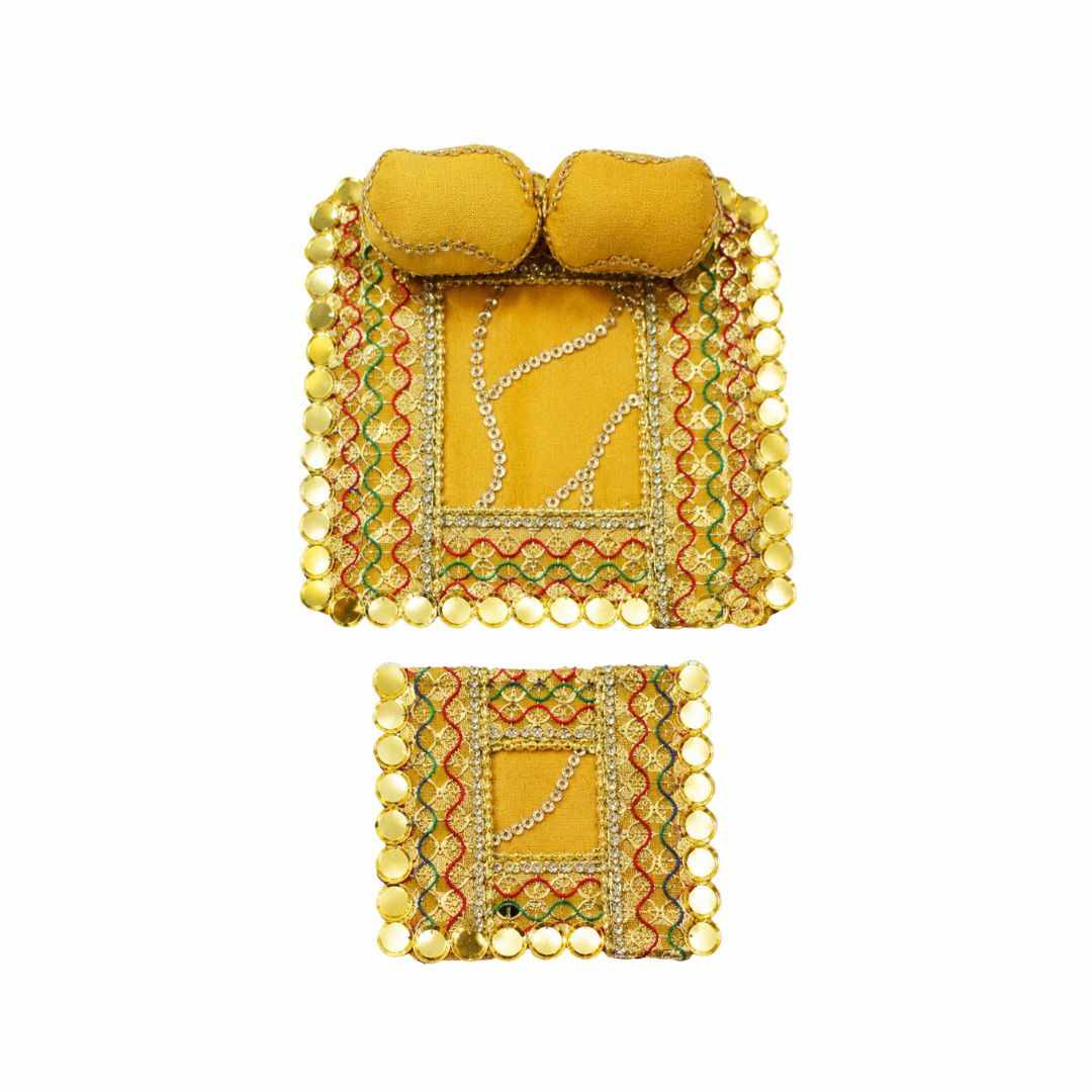 Yellow Laddu Gopal Bistar, Pillow & Chadar Set with Golden Lace Work