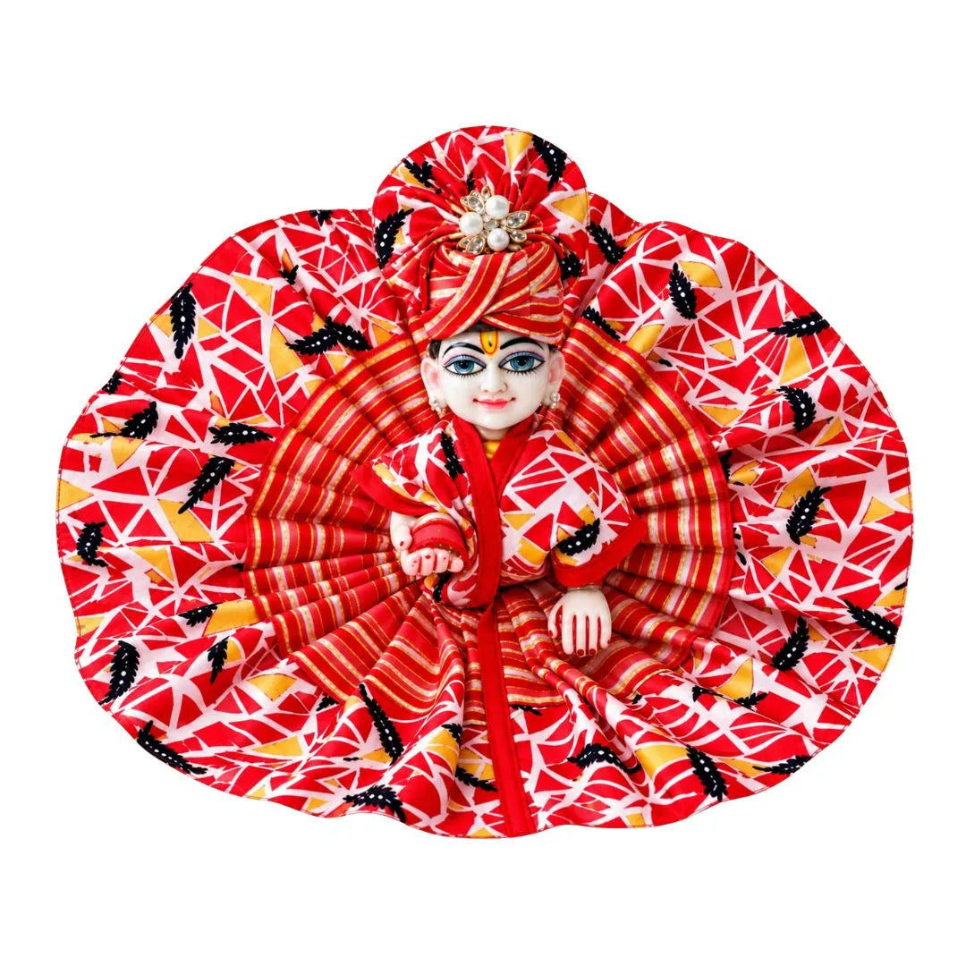 Red Geometric Print Cotton Laddu Gopal Dress with Matching Pagadi