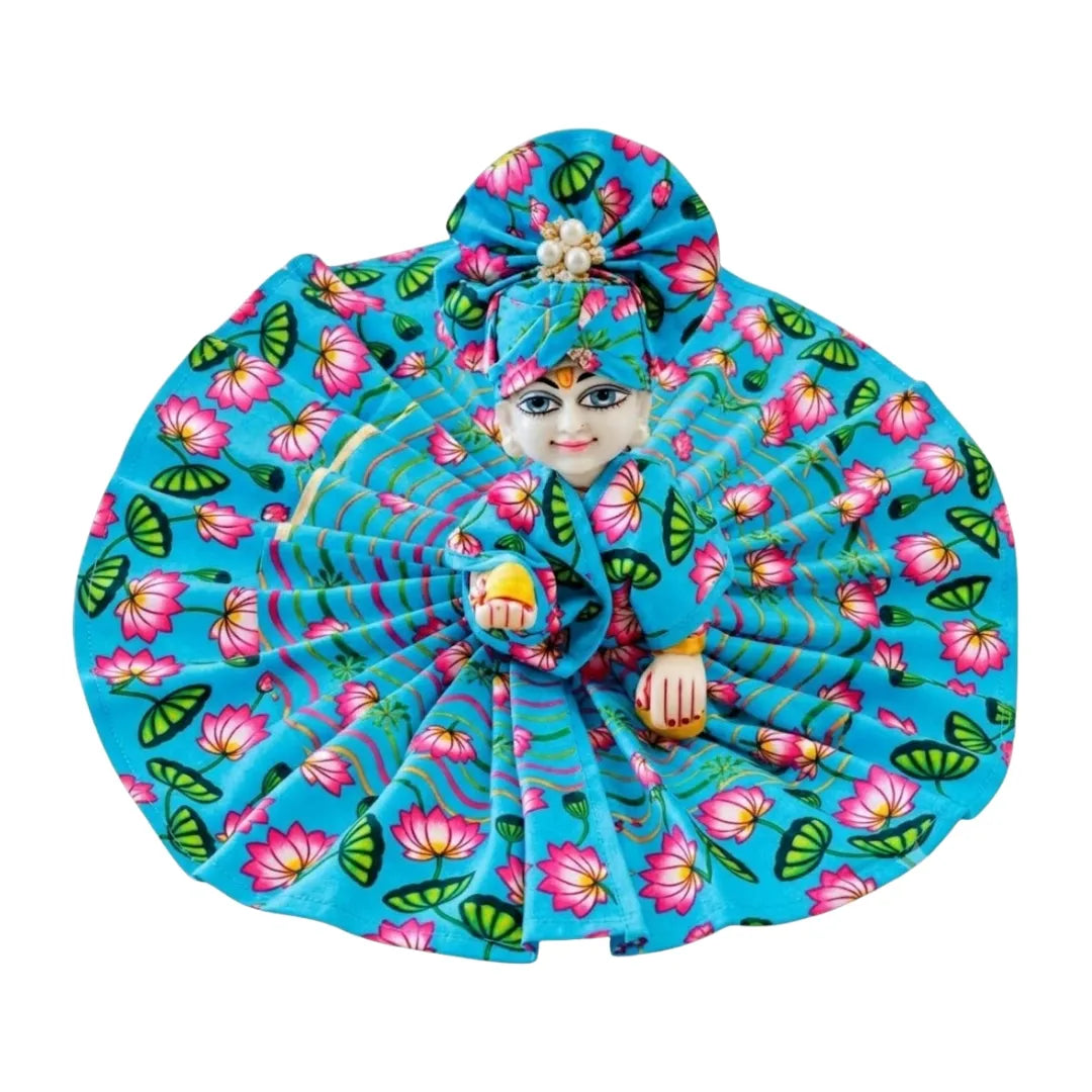 Handcrafted Sky Blue Lotus Print Cotton Laddu Gopal Dress with Matching Pagdi