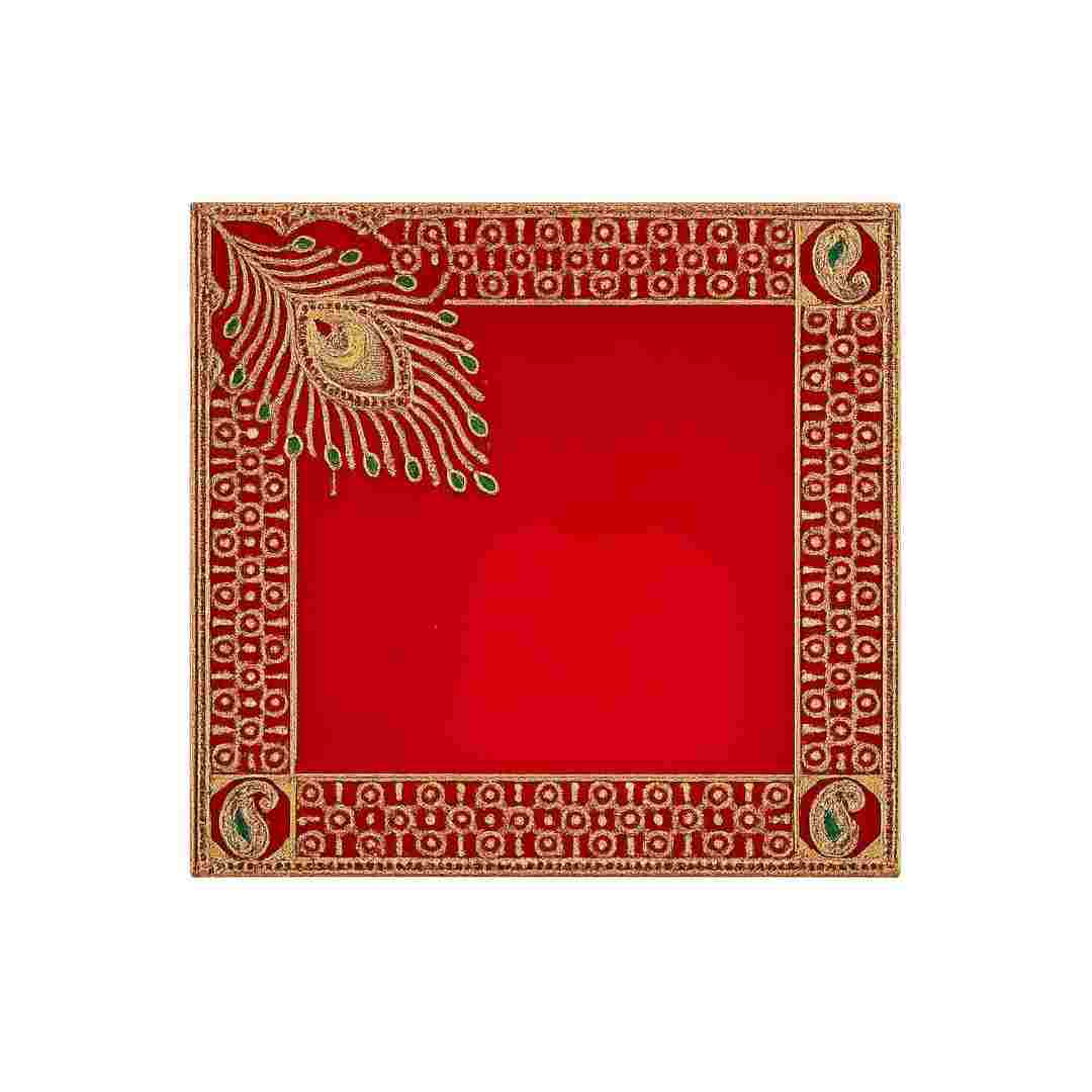 Red Velvet Puja Aasan with Golden Border & Peacock Design