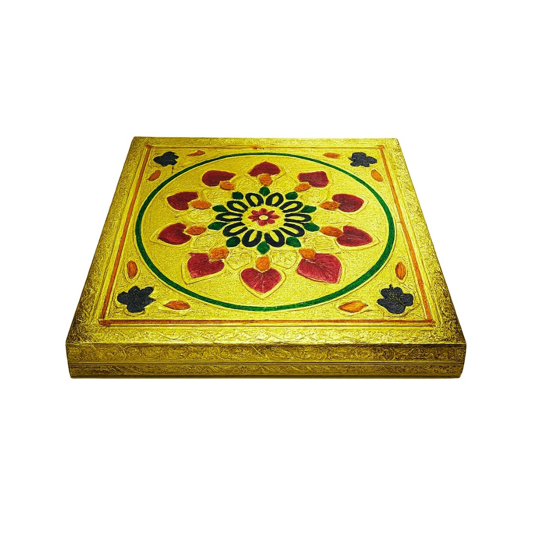 Designer Laddu Gopal Ji Aasan with Golden Border and Floral Artwork - Lordkart