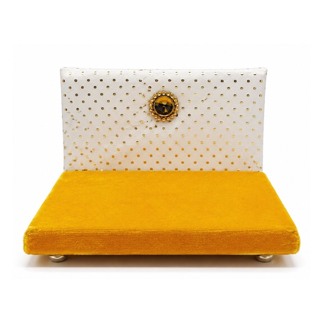 Premium Yellow Velvet Laddu Gopal Singhasan with Decorative Back - Lordkart