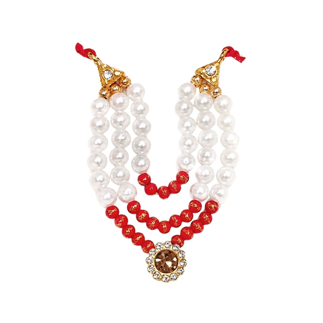 Traditional White Pink Beads and Jarkan Stone Laddu Gopal Mala for Shringar - Lordkart
