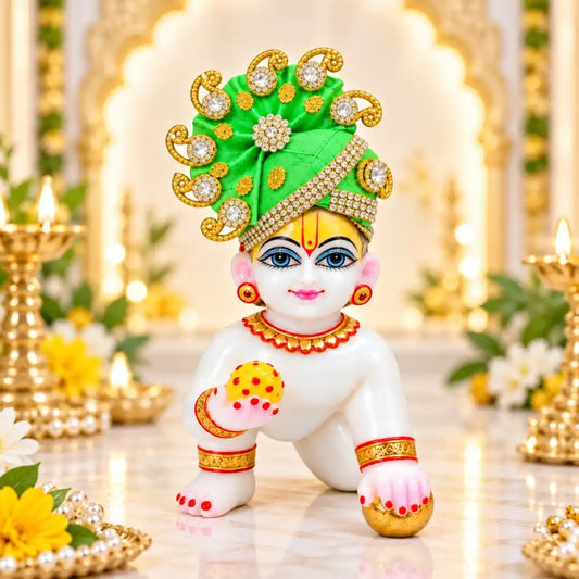 Green Jarkan Decorated Mukut for Laddu Gopal