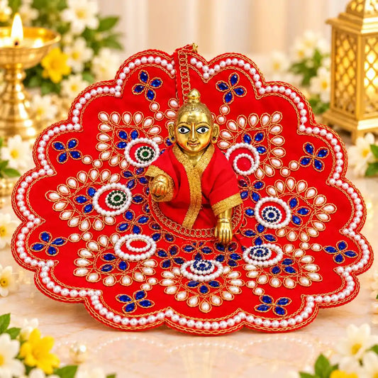 Fancy Red and Blue Beads Heavy Laddu Gopal Dress for Shringar