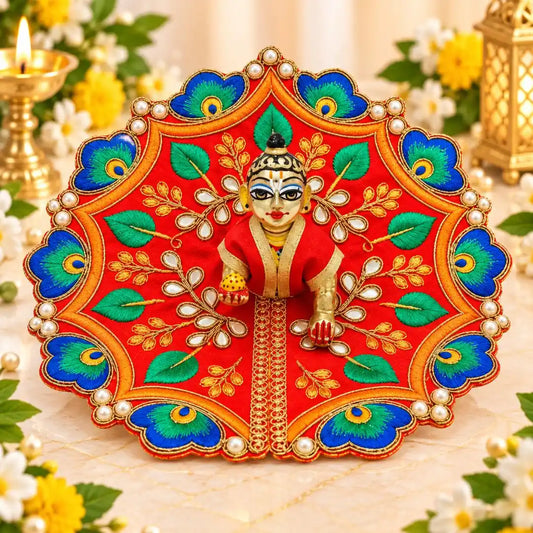 Red Peacock Embroidered Dress for Laddu Gopal