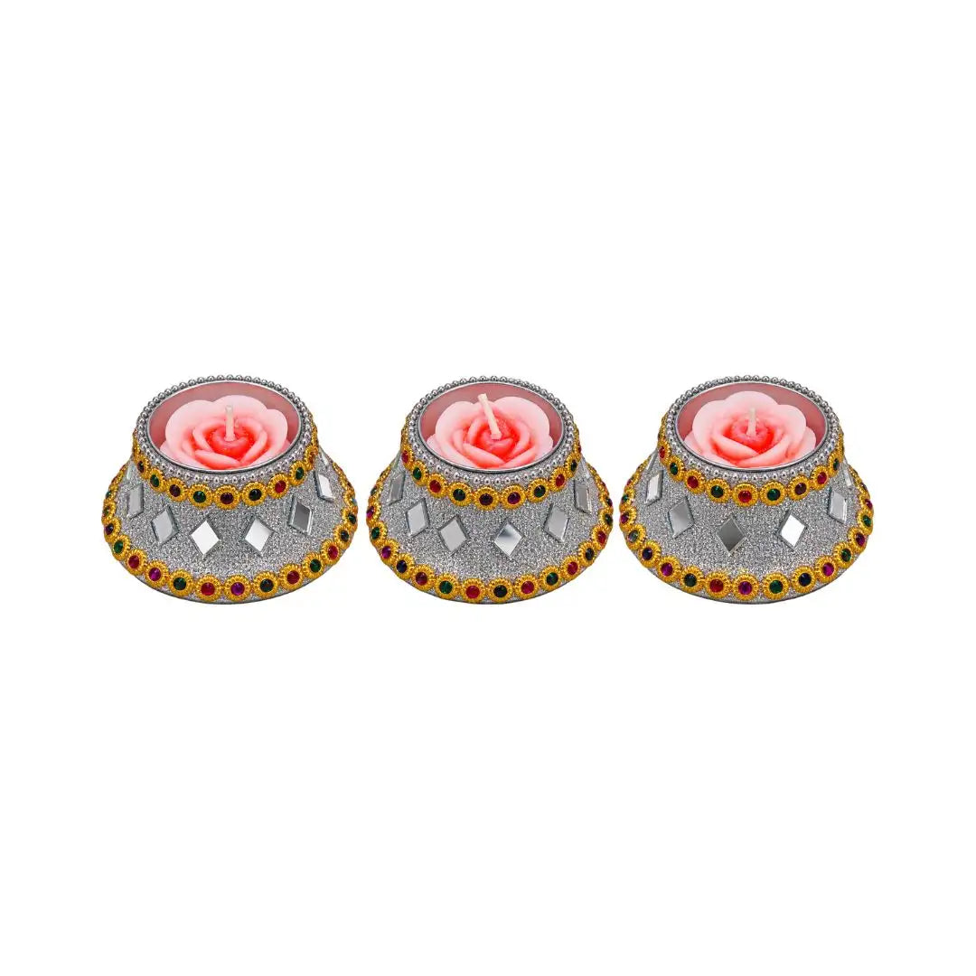 Handcrafted Rose Floating Candles in Decorative Mirror-Work Holder - Set of 3