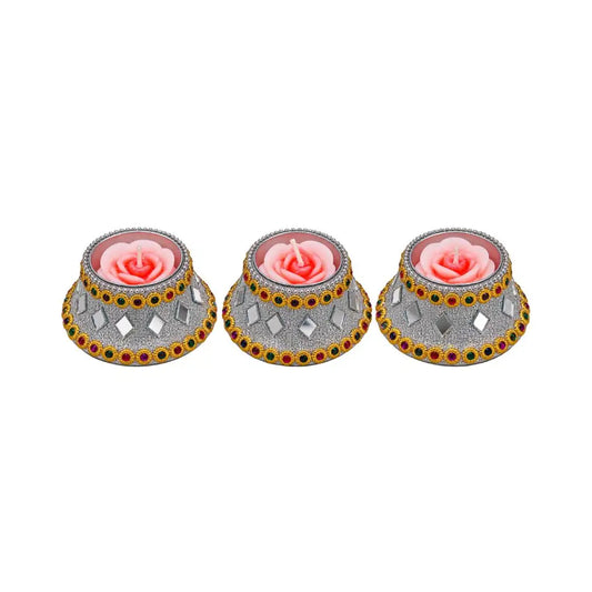 Handcrafted Rose Floating Candles in Decorative Mirror-Work Holder - Set of 3