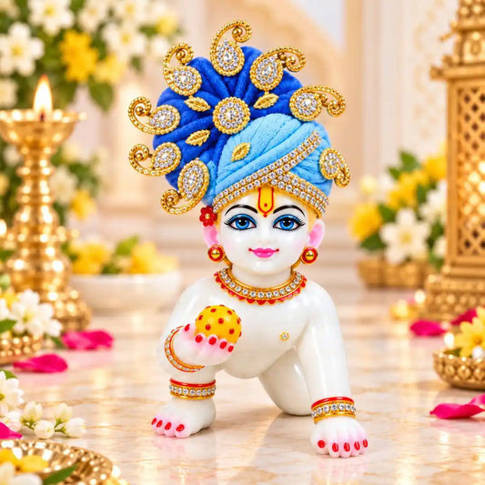 Blue Color Jarkan Decorated Mukut for Laddu Gopal