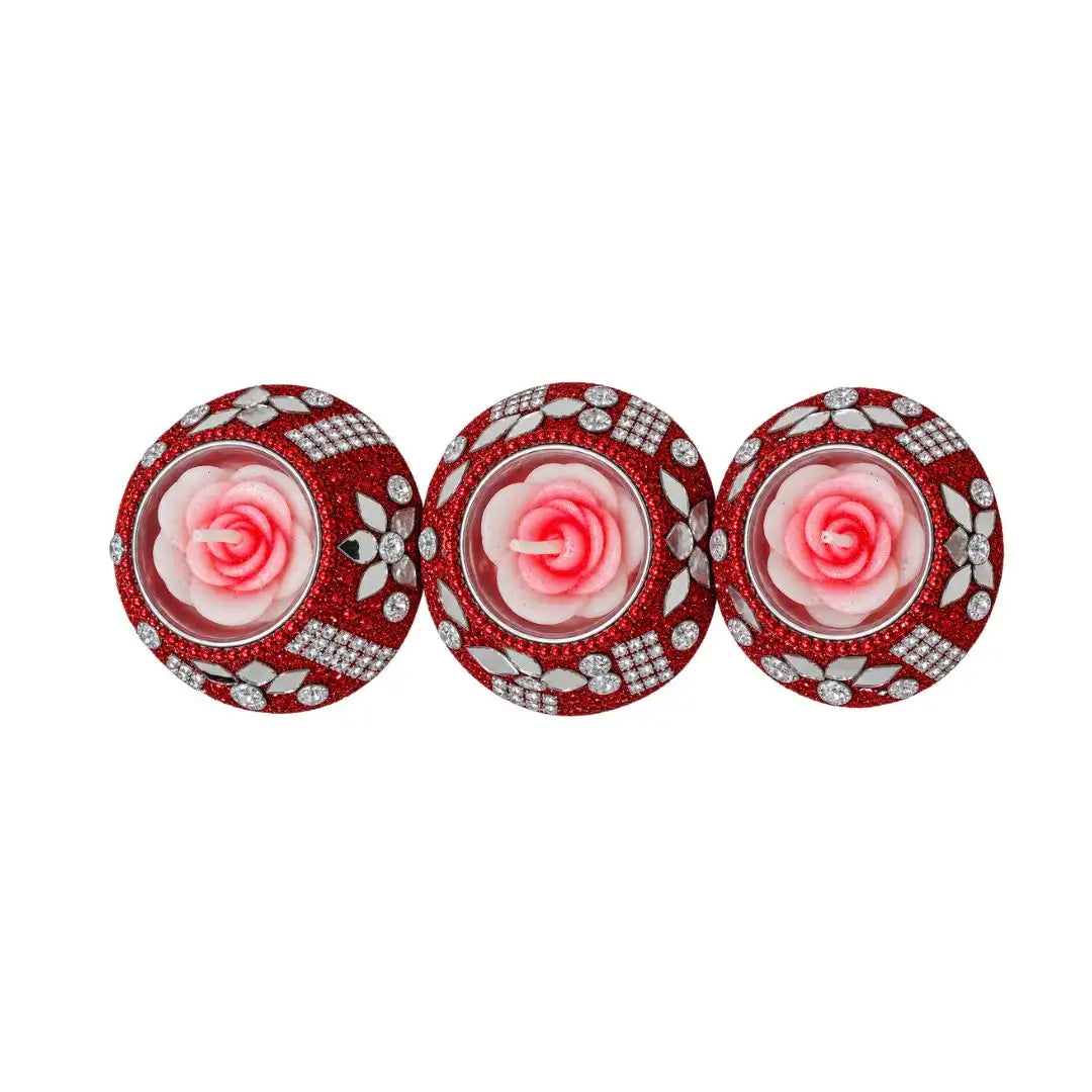 Handcrafted Rose Floating Candles in Embellished Red Tealight Holders - Set of 3