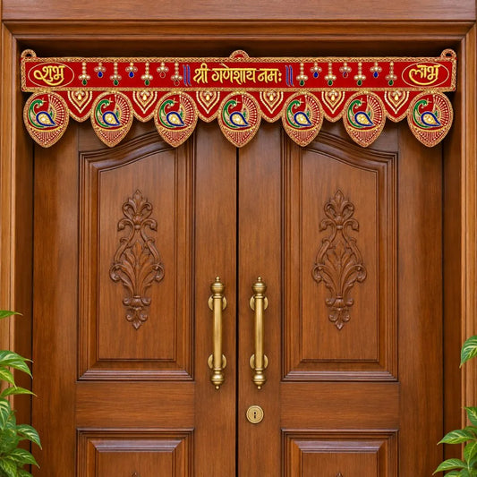 Traditional Red & Gold Peacock Door Toran with 'Shubh Labh' & 'Shree Ganeshay Namah'