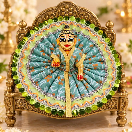 Handmade Sea Green Floral Print & Golden Lace Dress for Laddu Gopal - Size No. 3