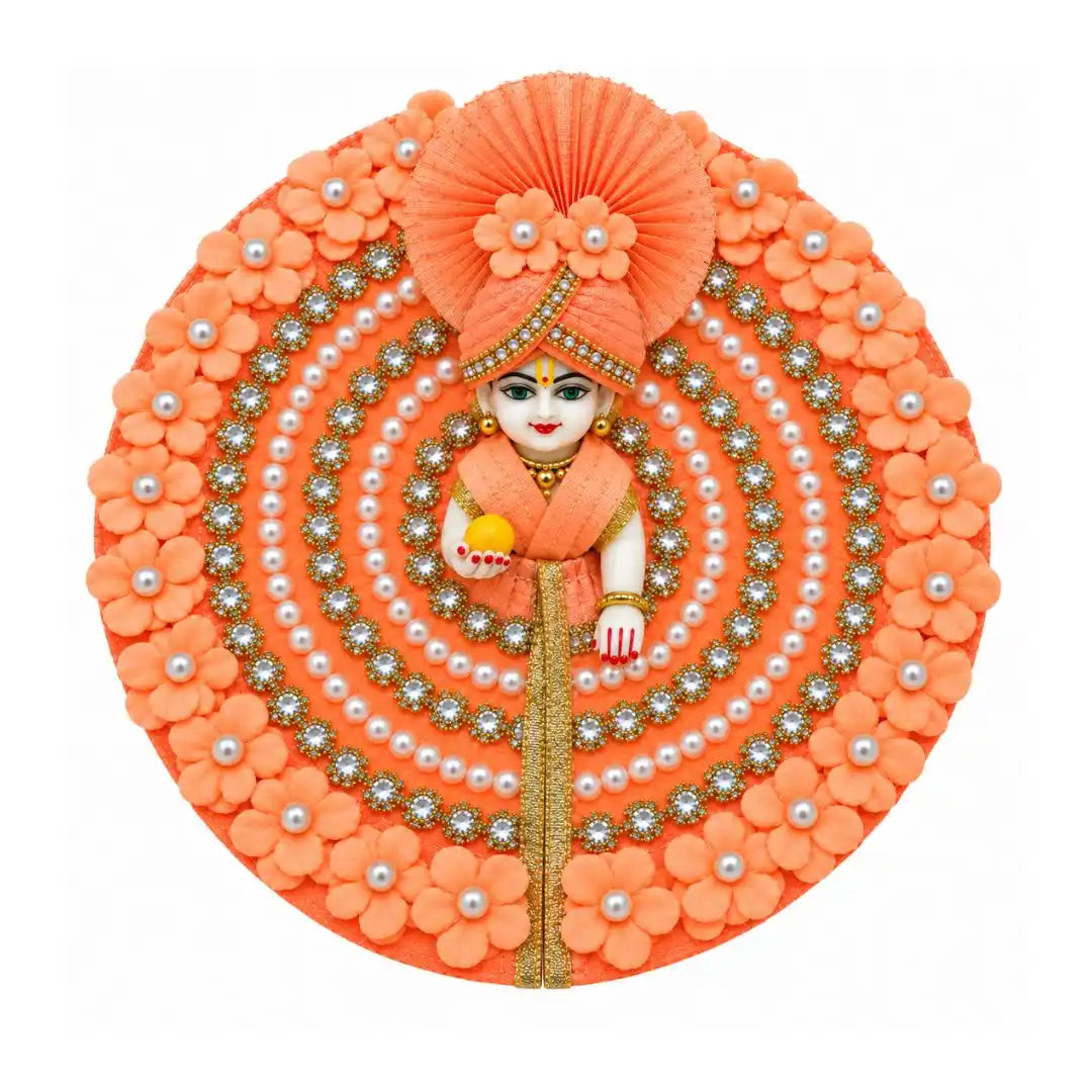 Fancy Orange Floral & Beads Embellished Dress with Matching Mukut for Laddu Gopal