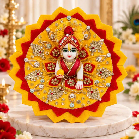 Fancy Yellow Red Heavy Laddu Gopal Dress with Pagadi