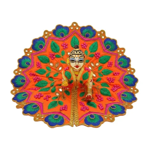 Peacock Feather Design Orange Dress for Thakur ji