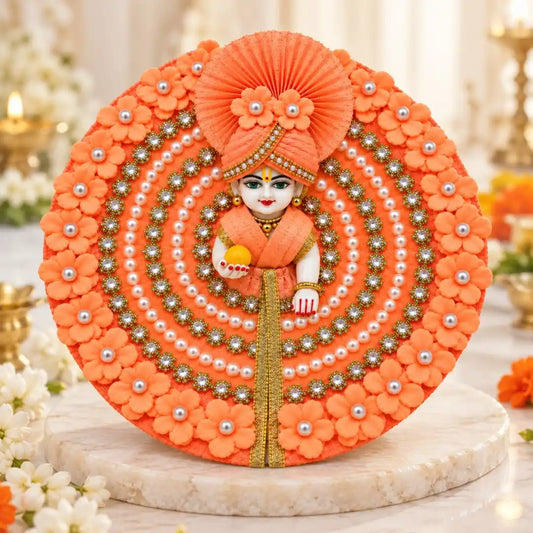 Fancy Orange Floral & Beads Embellished Dress with Matching Mukut for Laddu Gopal