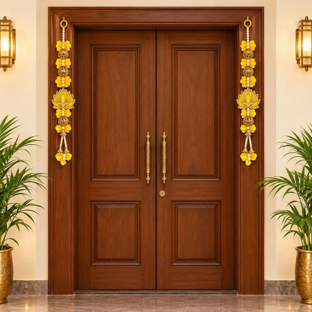 Elegant Yellow Artificial Lotus & Beads Door Latkan Pair for Diwali