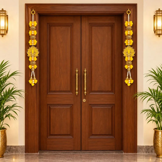 Elegant Yellow Artificial Lotus & Beads Door Latkan Pair for Diwali