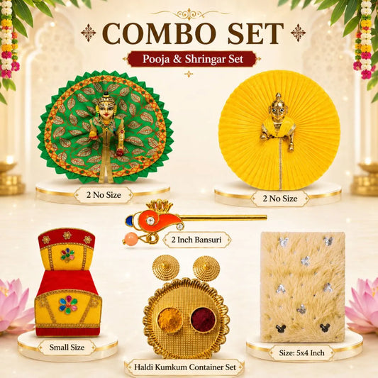 Laddu Gopal Pooja Combo Set with 2 Dresses, Bed, Quilt, Container Set & Bansuri