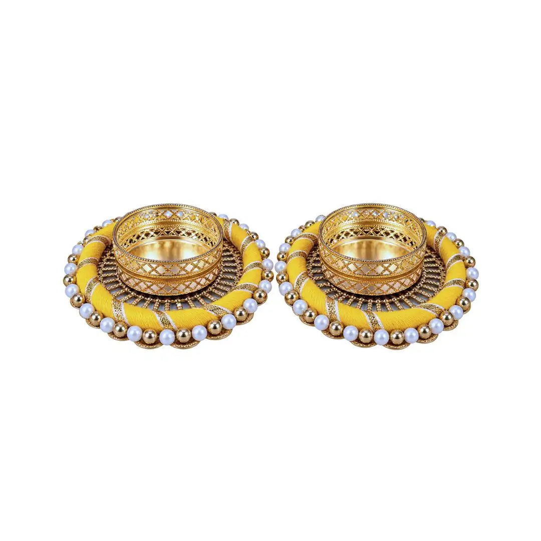Handcrafted Yellow Silk Thread & Beads Tealight Candle Holder Set (Set of 2)