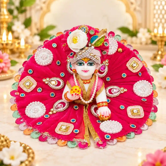 Heavy Red Beads and Sotne Decorated Laddu Gopal Dress with Matching Mukut
